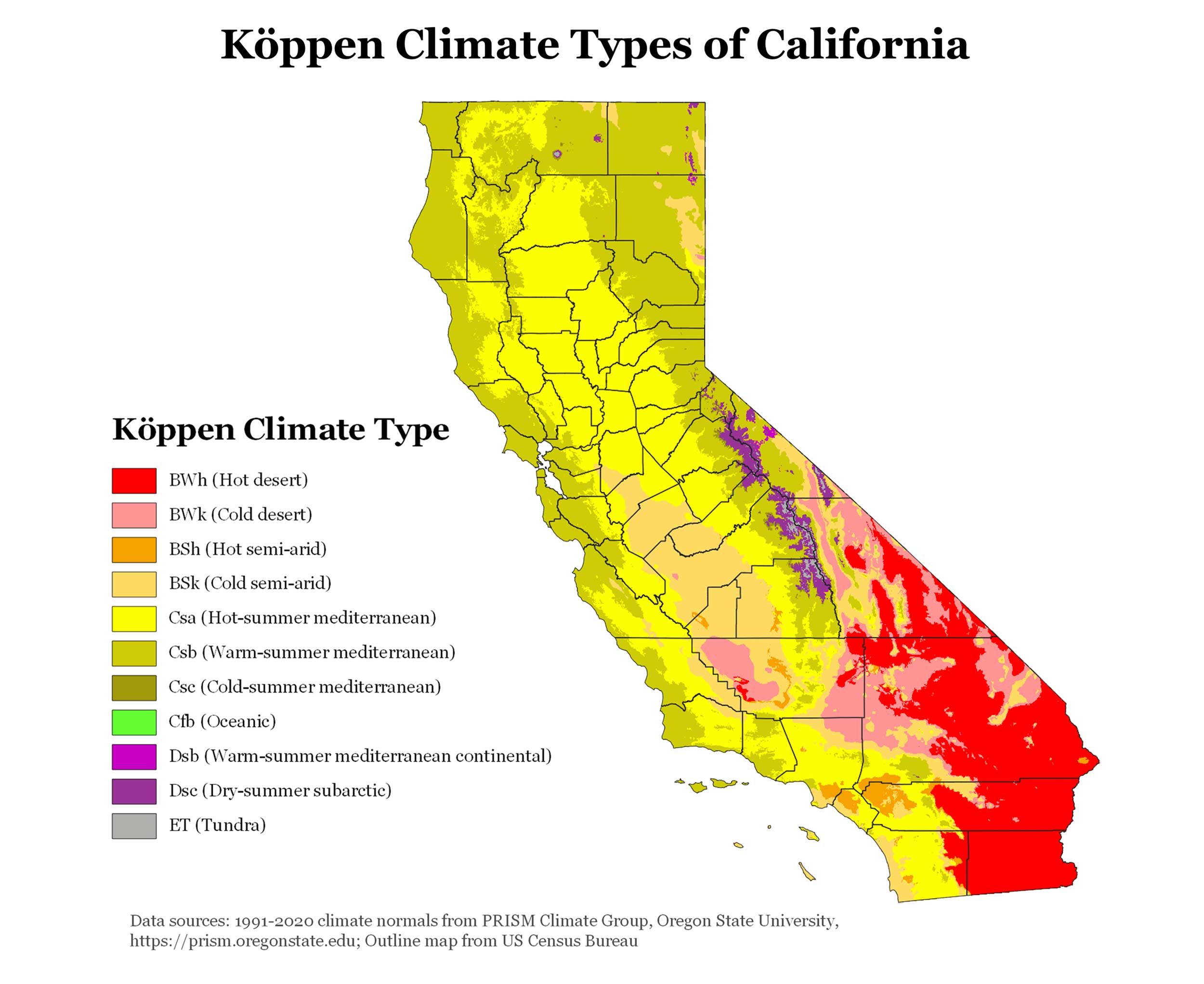 Carte climatique de la Californie