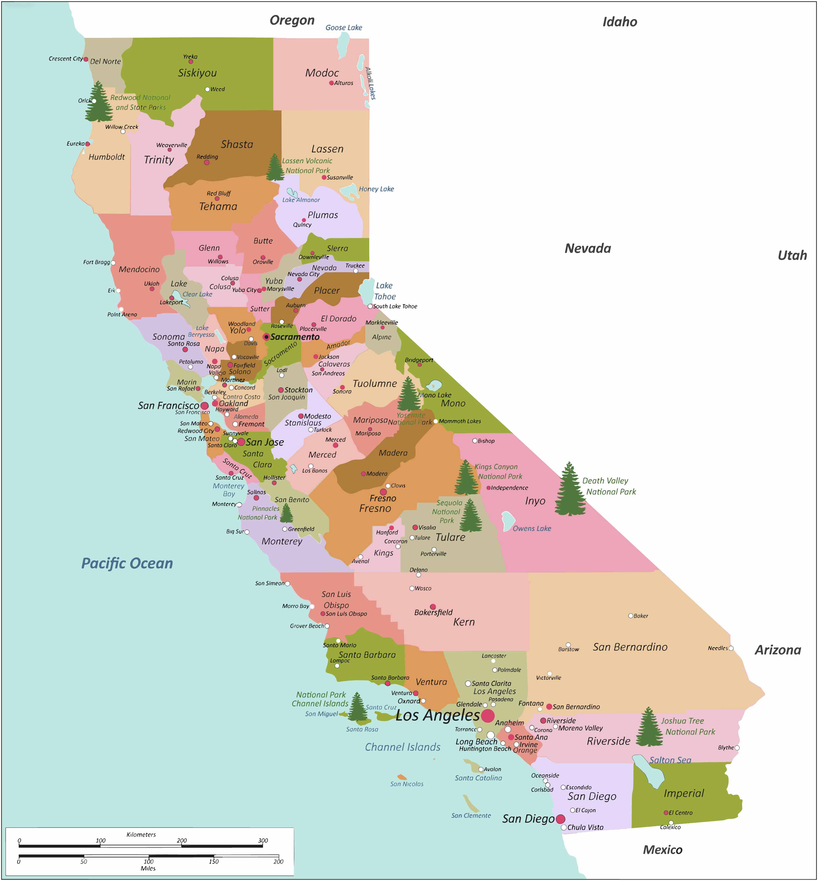 Carte des villes, comtés et capitales de Californie