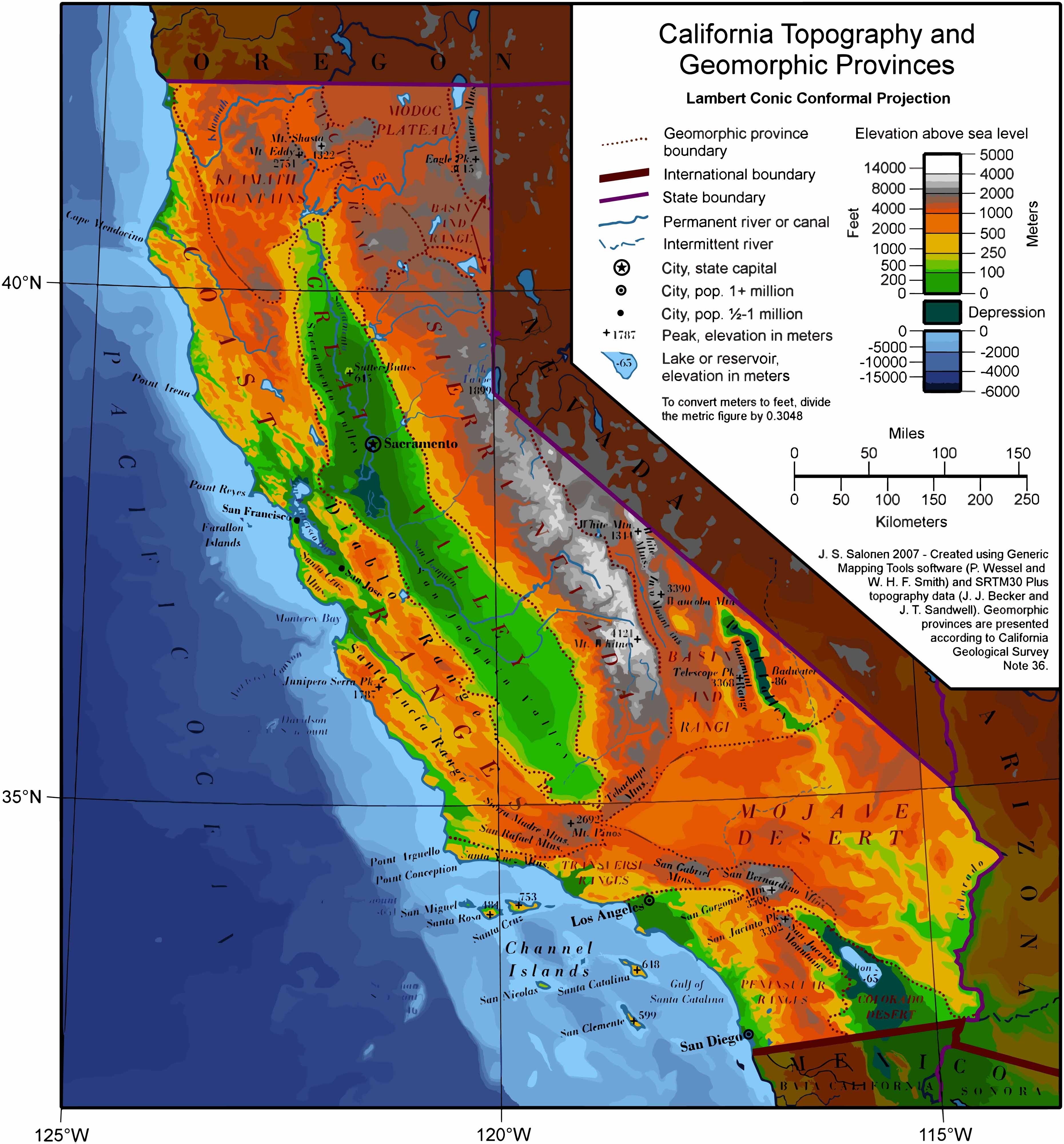 Carte physique de la Californie